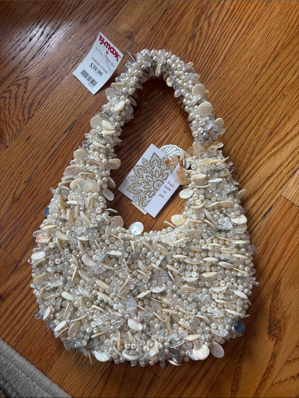 TJ MAXX Beaded Pearl Embellished Cream Shoulder Bag